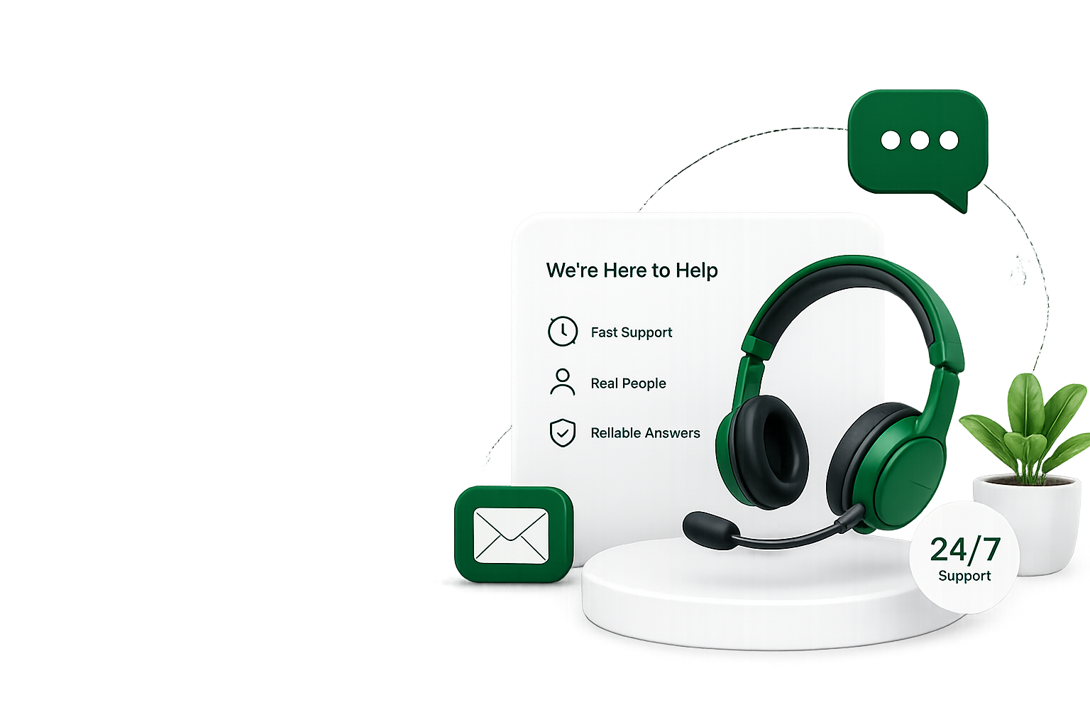 Support headset on a platform with chat, email, and 24/7 support icons